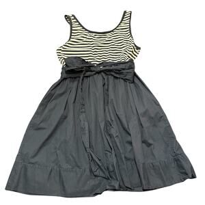 DKNY fit n flare dress, jersey tan/black stripe bodice, belted full skirt, XL